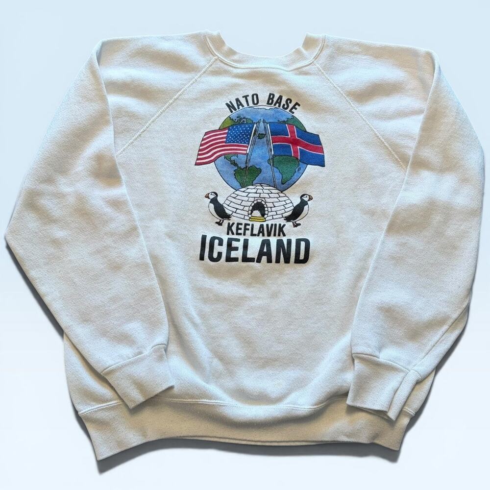 Vintage Tultex Sweatshirt Mens Medium White NATO Keflavik Iceland Fleece 90s